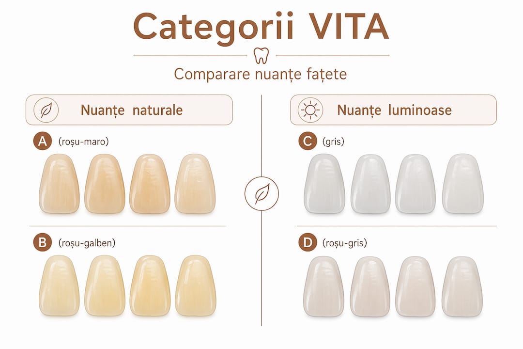 Infografic: comparație între diferitele categorii de nuanțe pentru fațete dentare