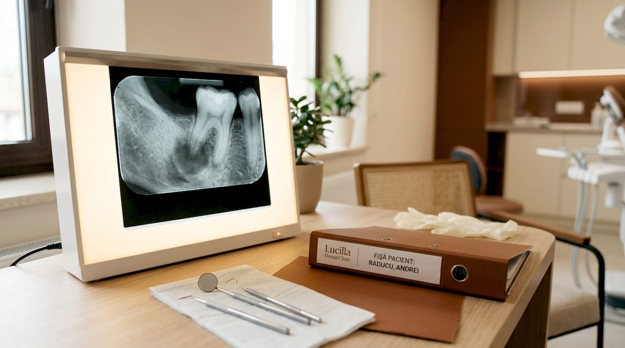 Radiografie dentară de detaliu care evidențiază prezența unui granulom în apropierea rădăcinii unui dinte.