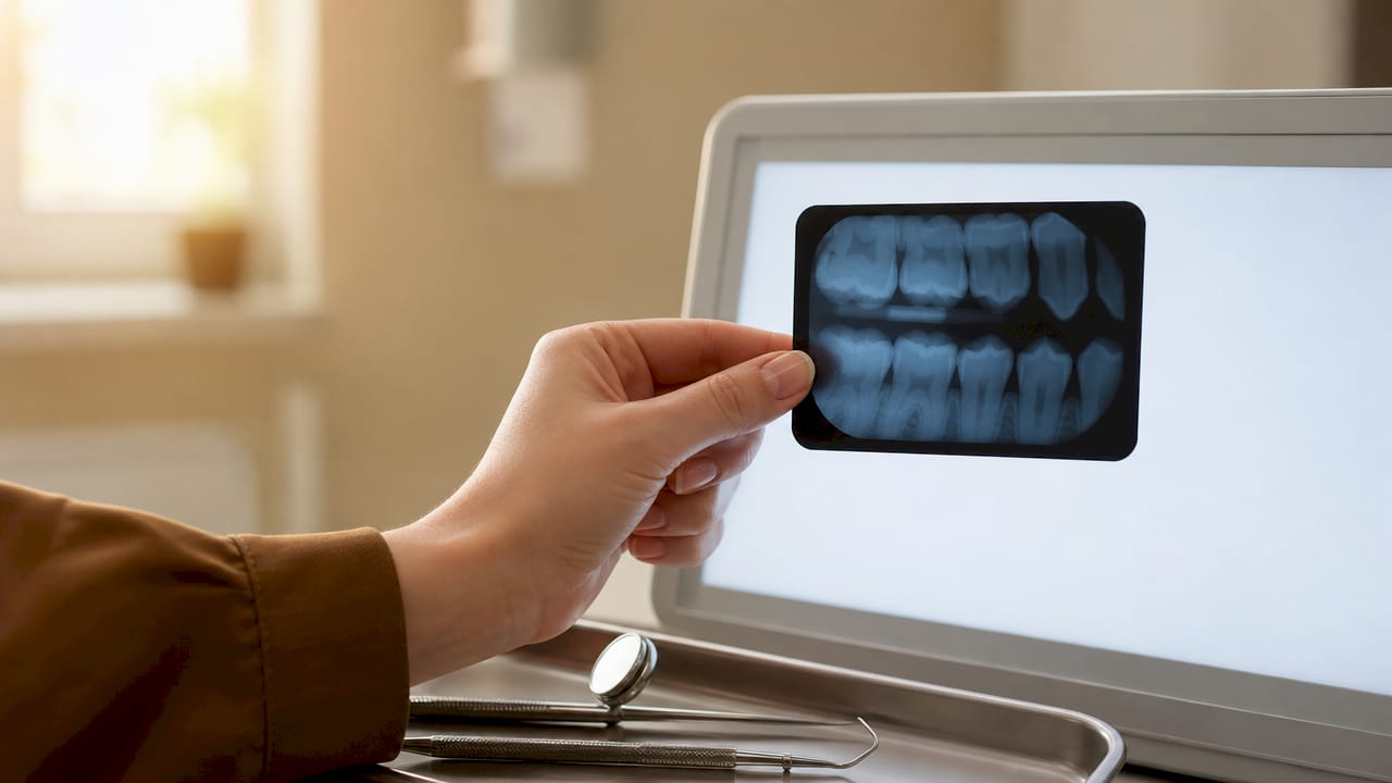 Mâini care țin o radiografie dentară de tip bitewing