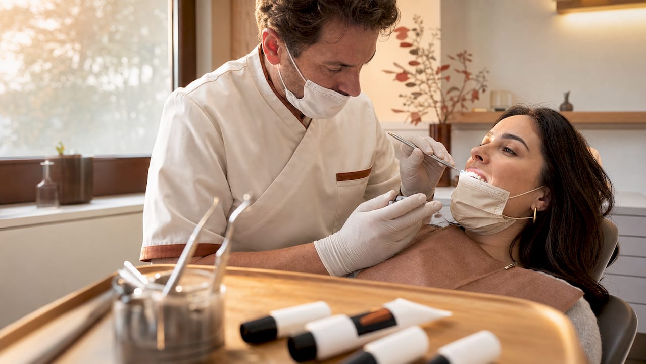 Medicul stomatolog aplică rășină compozită pe dinte pentru restaurare sau estetică.