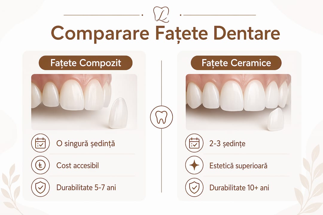 Infografic: diferențe esențiale între fațetele dentare din compozit și cele din ceramică