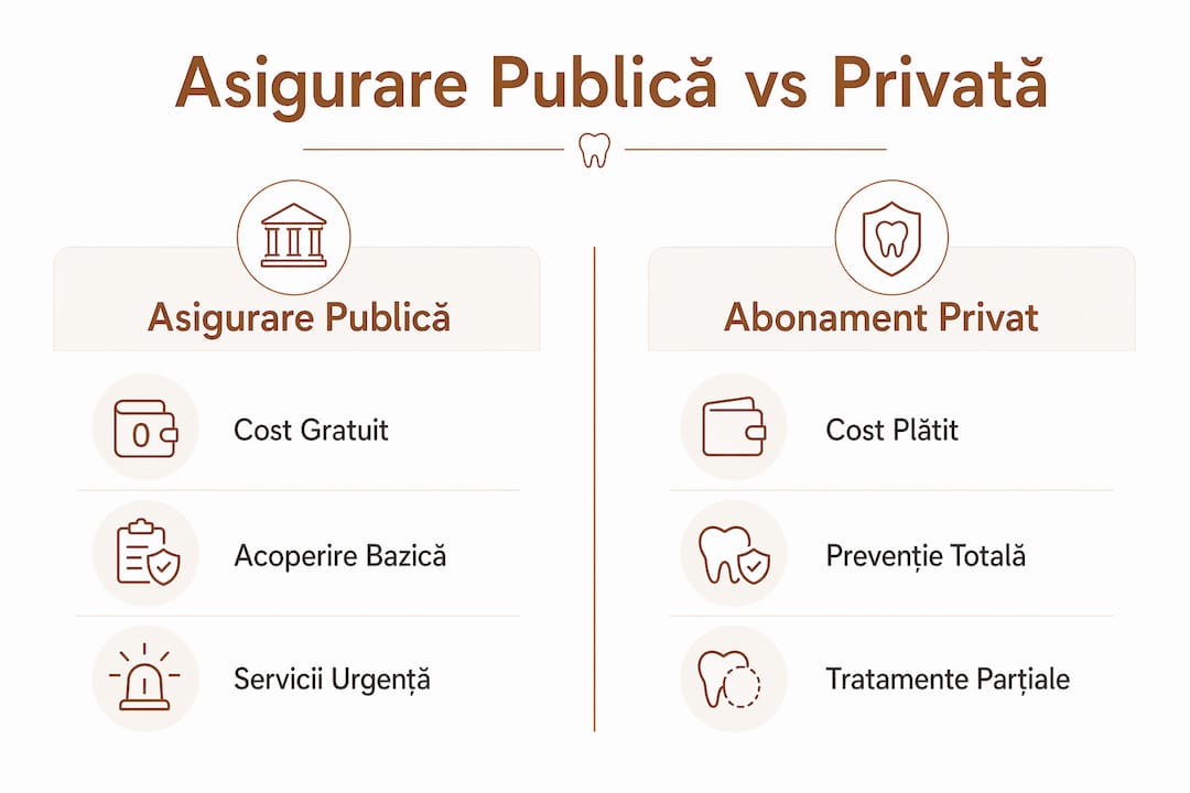 Infografic: diferențele dintre asigurarea publică și abonamentele private la stomatolog în București