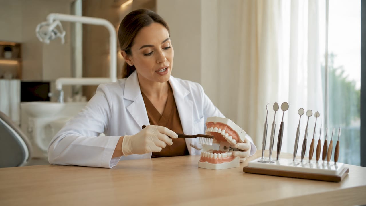 Medic stomatolog explicând cum trebuie periați corect dinții, folosindu-se de un model dentar pentru a arăta pașii.