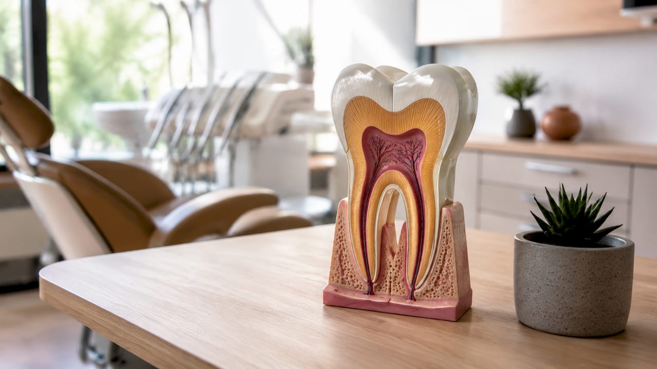 Model anatomic de dinte, surprins în prim-plan pe birou