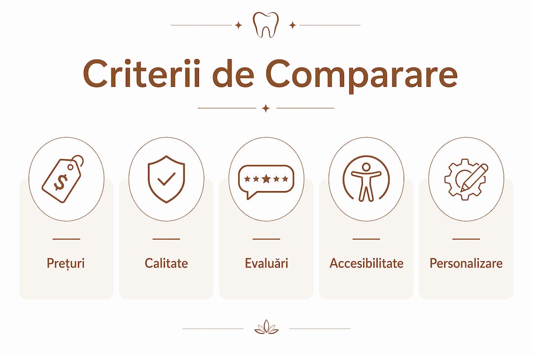 Infografic cu principalele criterii de care să ții cont atunci când compari clinicile stomatologice