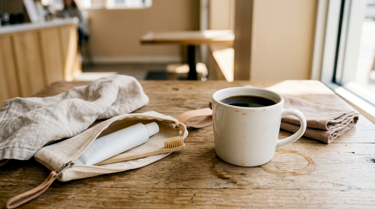 O cană de cafea care poate păta dinții, surprinsă într-un cadru de aproape.
