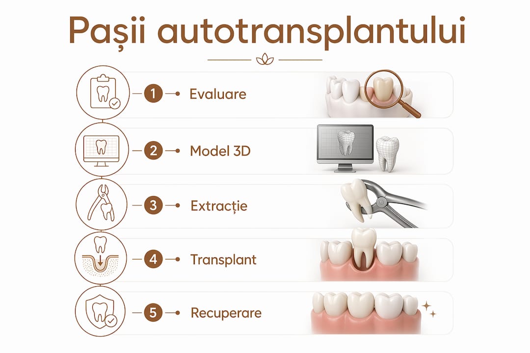 Prezentare vizuală a etapelor autotransplantului dentar