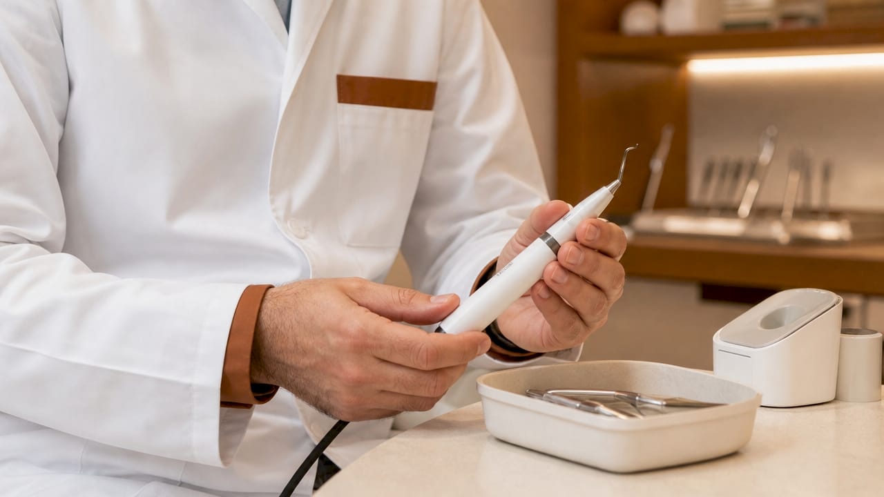 Mâinile medicului stomatolog manevrând un instrument modern de ultimă generație pentru tratamente dentare.