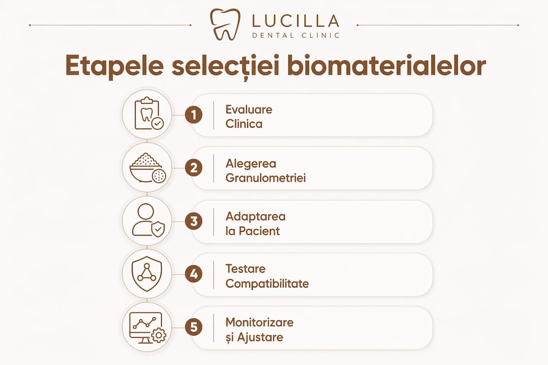Infografic: Etapele esențiale în alegerea biomaterialelor pentru implanturi dentare