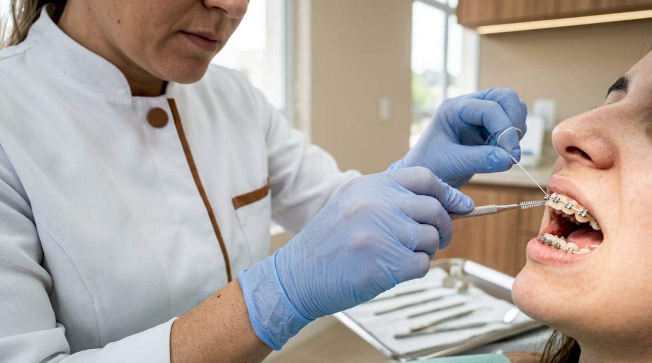 Curățarea dinților cu aparat dentar realizată de medicul stomatolog – vedere de aproape