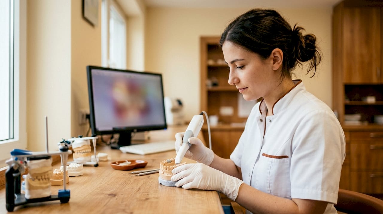 Tehnician dentar care folosește un scanner digital intraoral