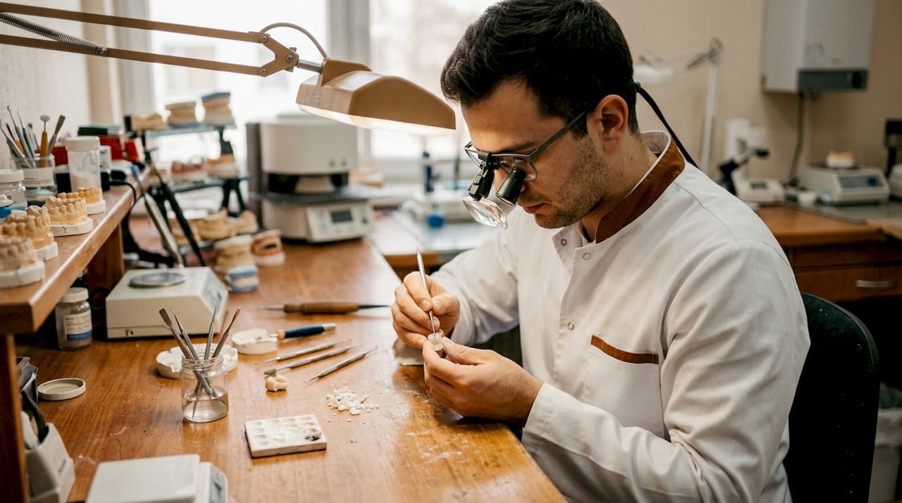 Tehnician dentar modelând manual o fațetă ceramică în laborator