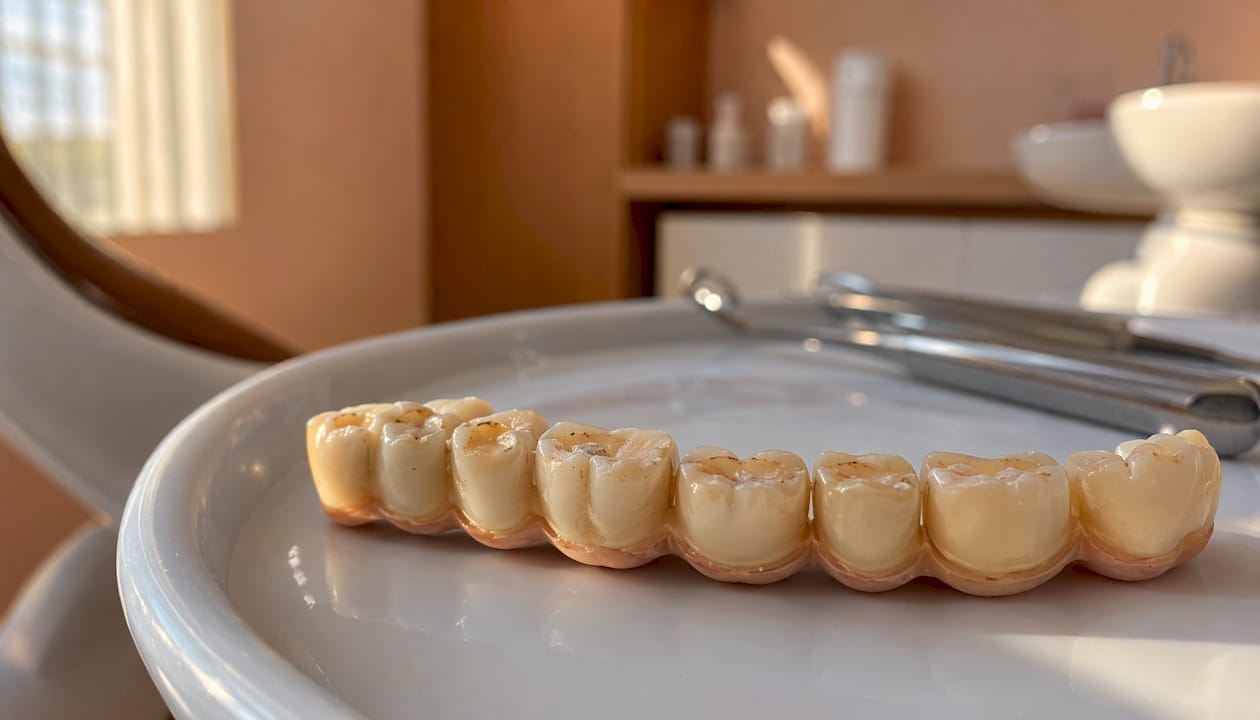 Imagine detaliată cu dinți uzați, afectați de scrâșnitul involuntar al dinților (bruxism).