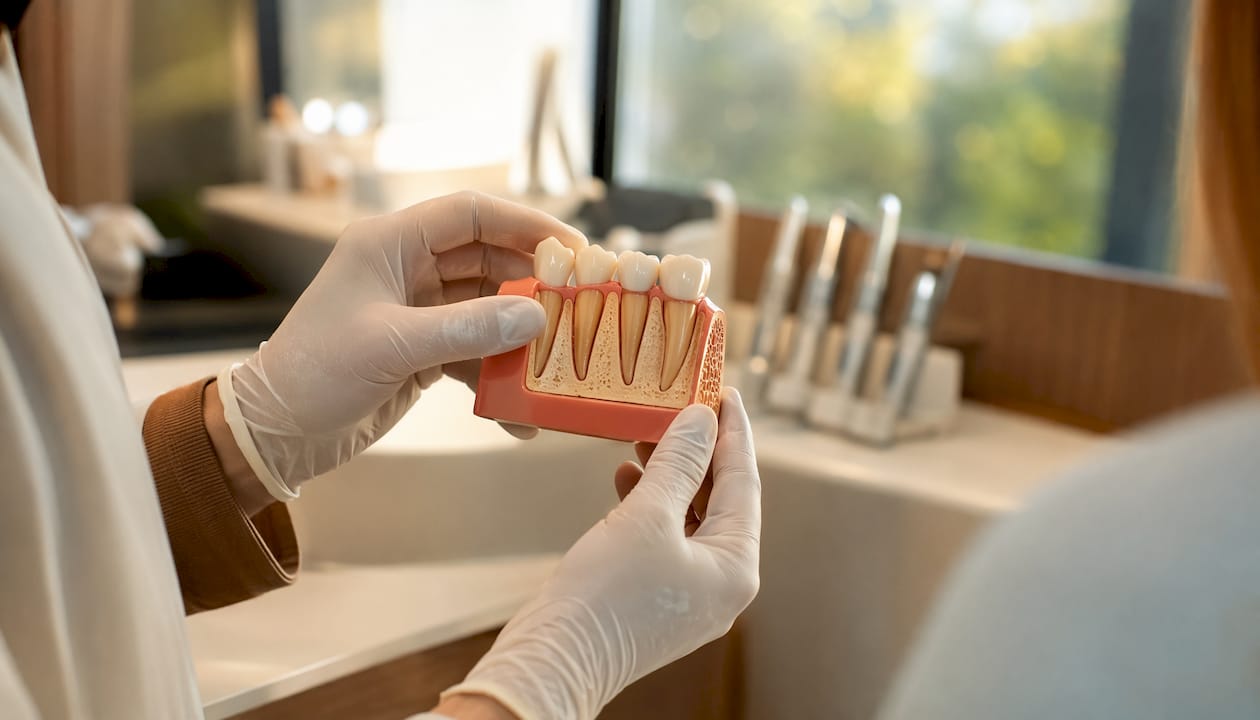 Mâini care țin un mulaj dentar pentru a evidenția retragerea gingiilor