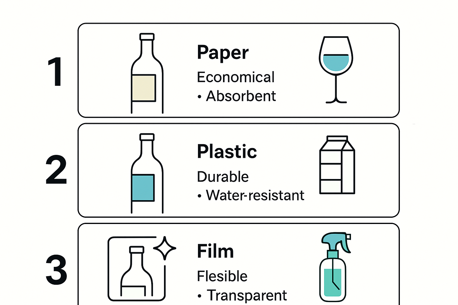 Infographic showing different bottle label materials and their uses.