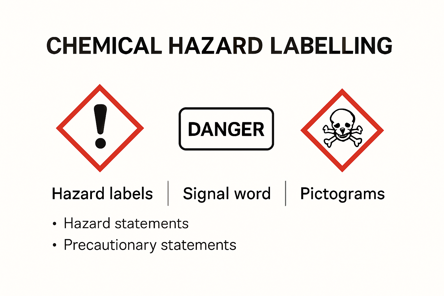 Infographic explaining chemical hazard labelling pictograms and statements.