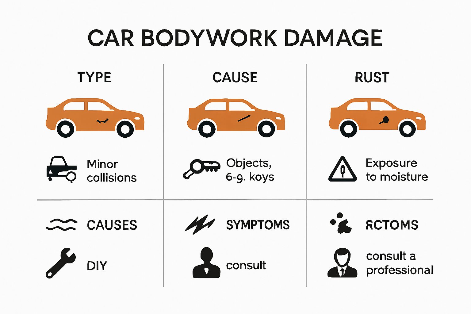 Common car bodywork issues infographic with causes and fixes