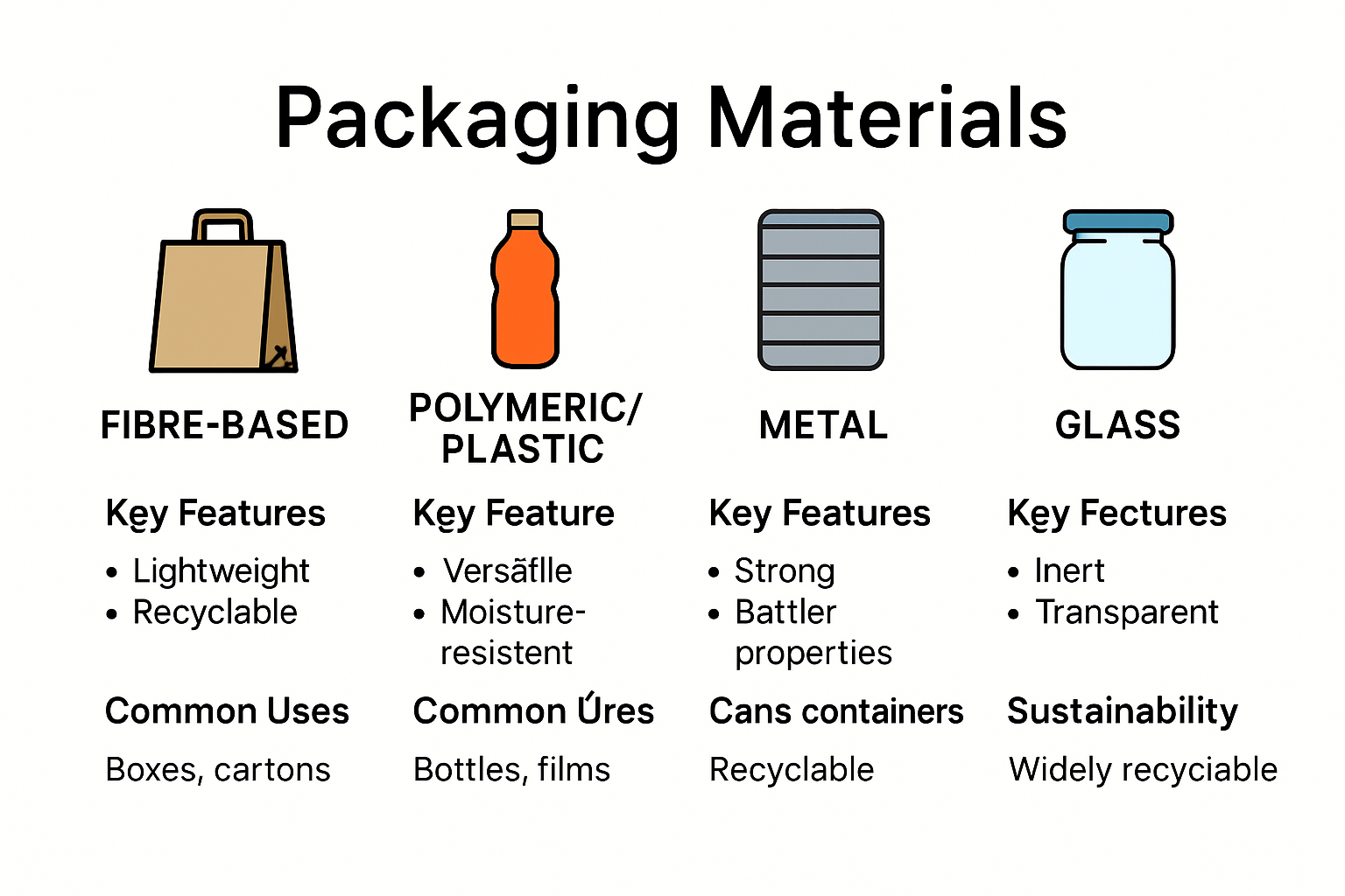 Comparison of main packaging material types and sustainability features