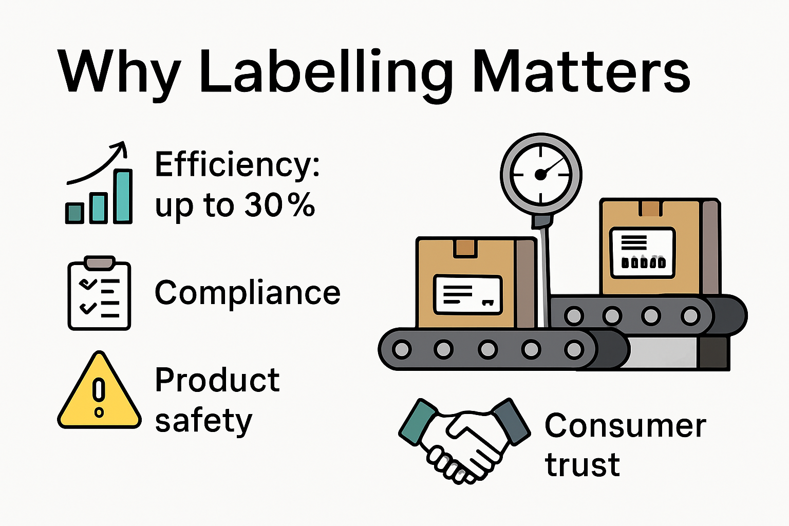 Infographic showing efficiency, compliance, and brand trust benefits of labelling