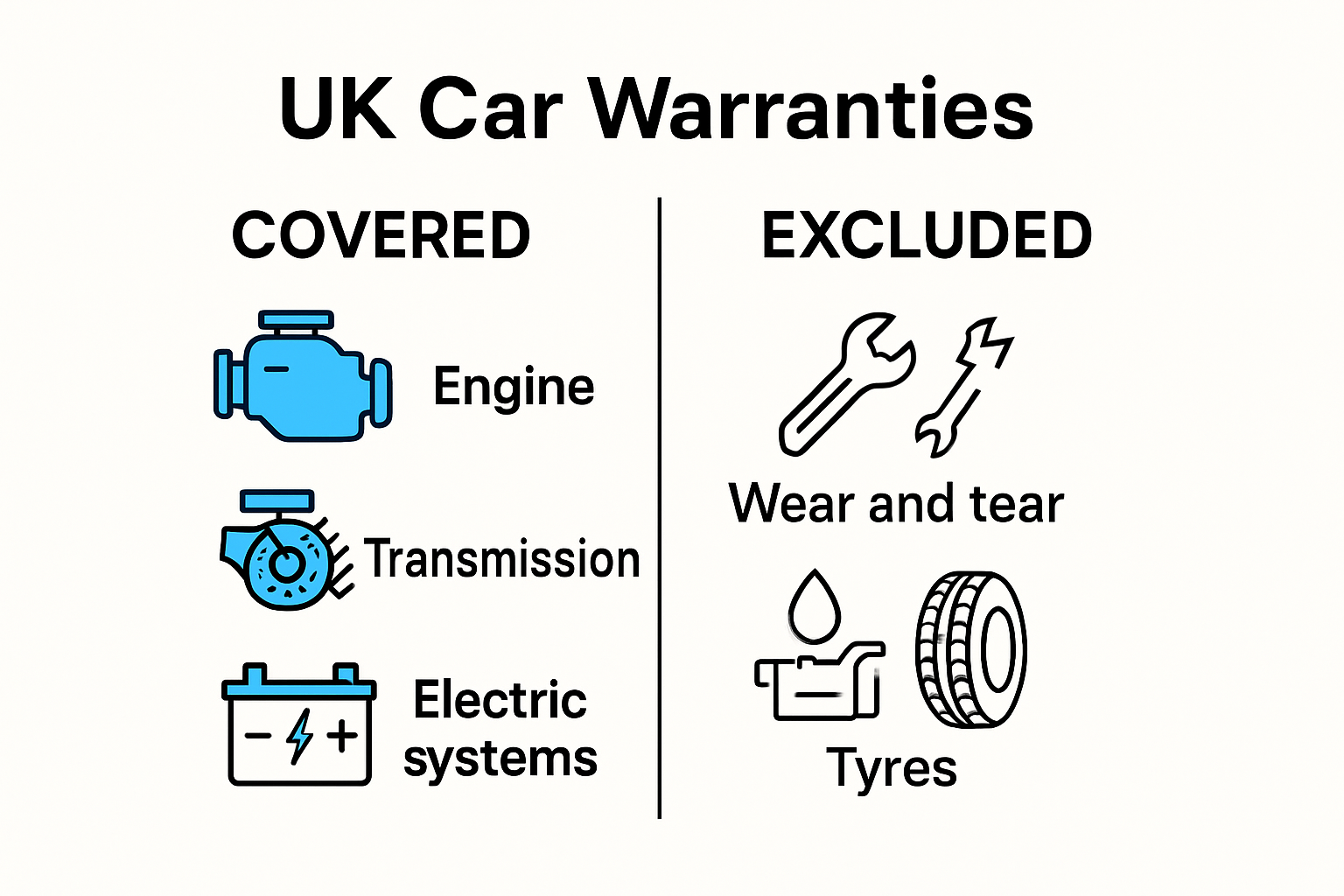 Infographic showing what car warranties cover and exclude