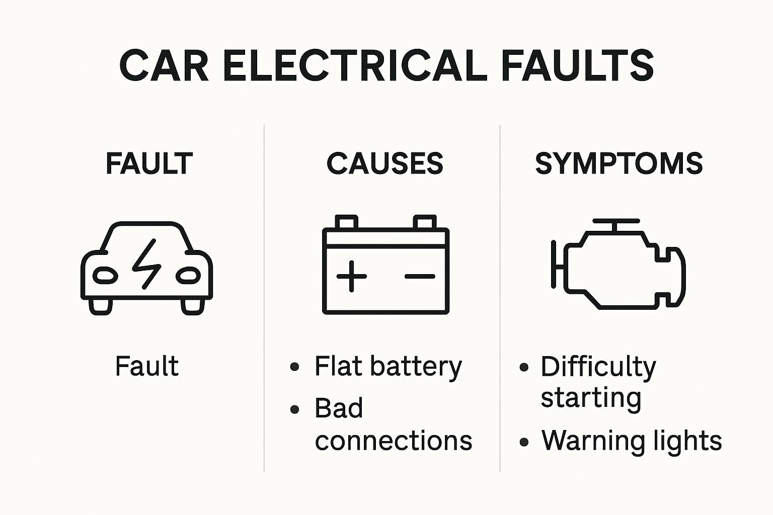 Infographic showing common car electrical faults and their causes