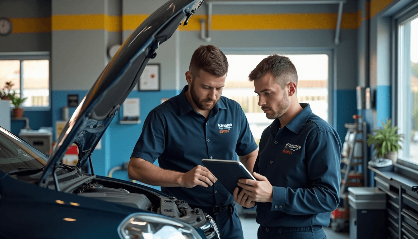 Mechanics review vehicle inspection in well-lit garage