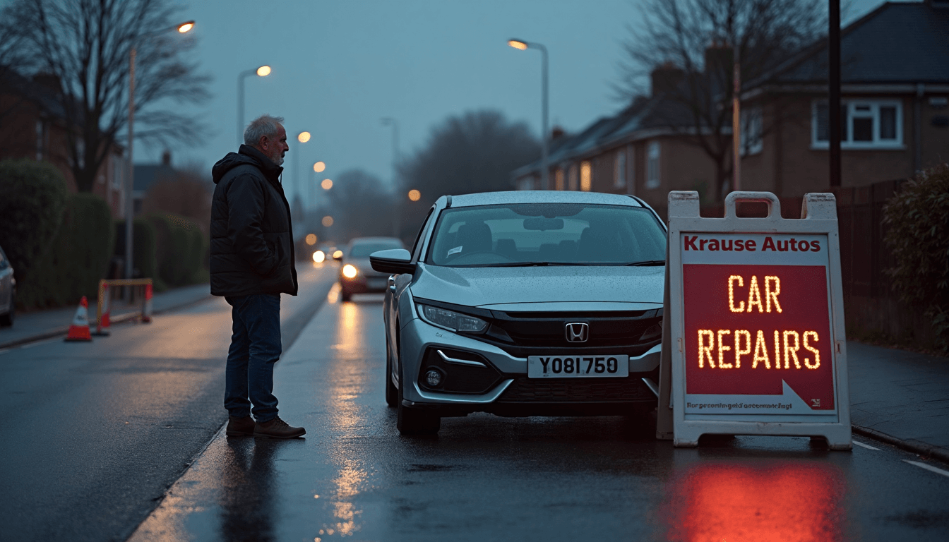 Driver calls for help beside damaged car at dusk