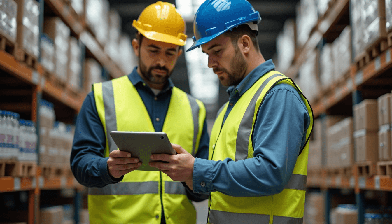 Quality assurance staff review a compliance checklist on tablet in bottling facility