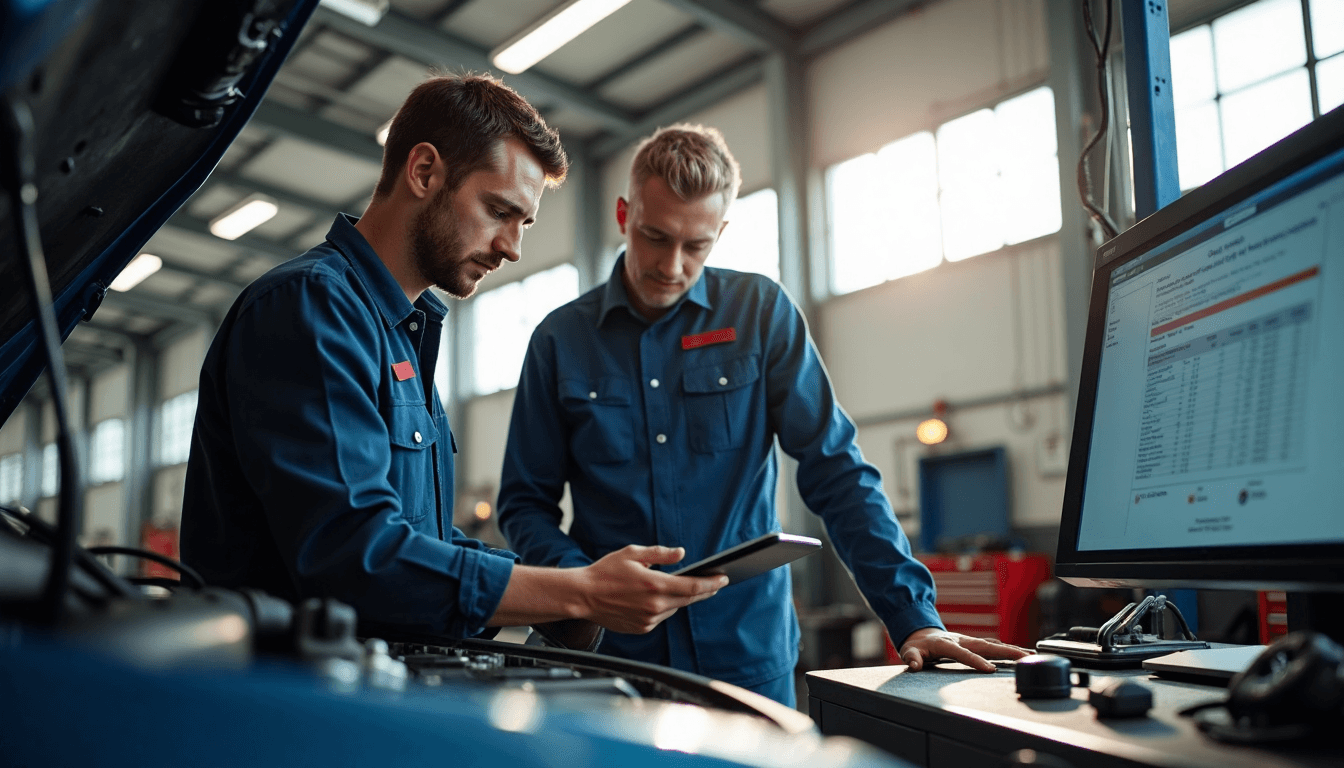 Technicians using car diagnostics tablet in well-lit garage