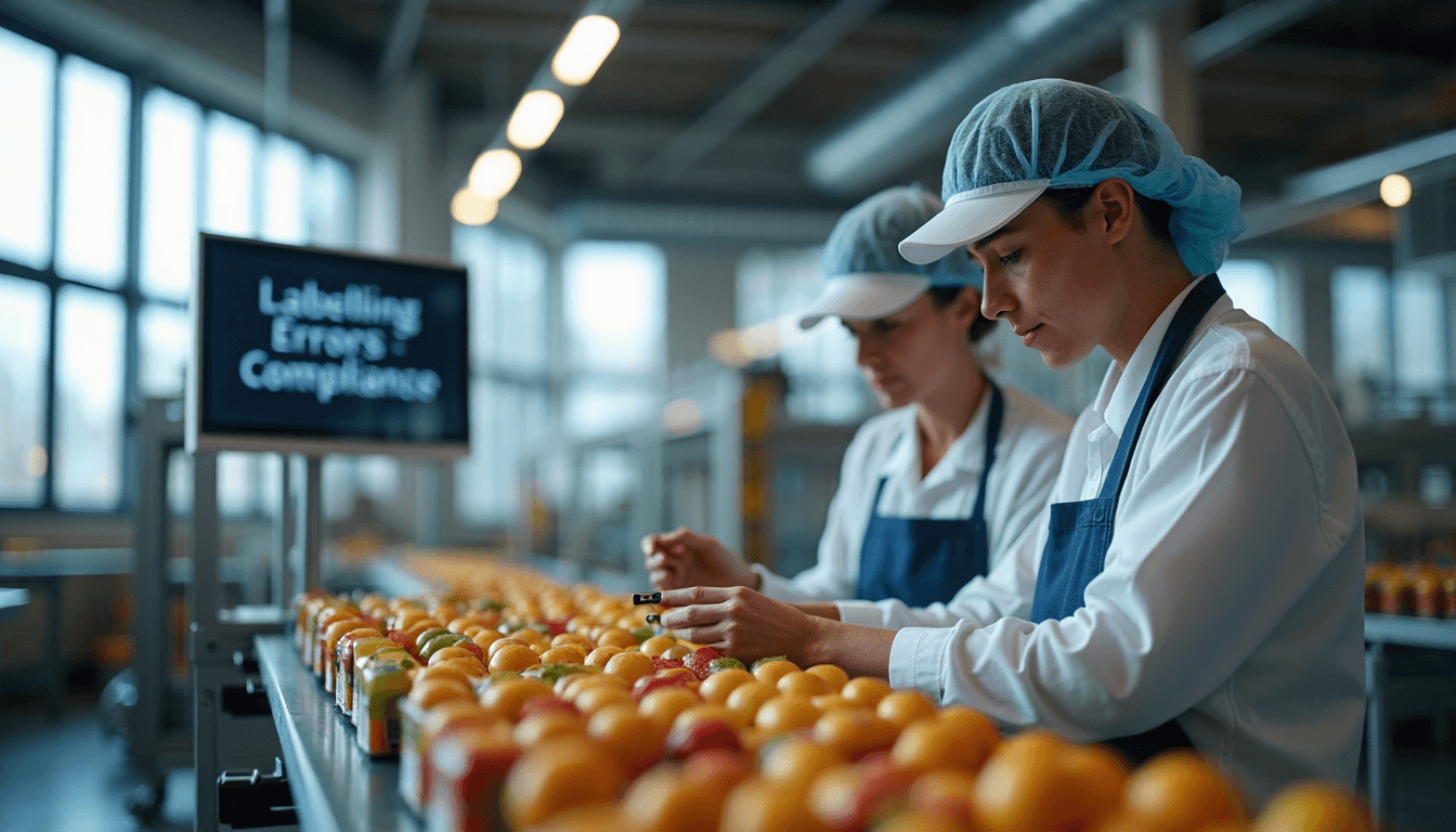 Workers on food production line reviewing labels under compliance dashboard