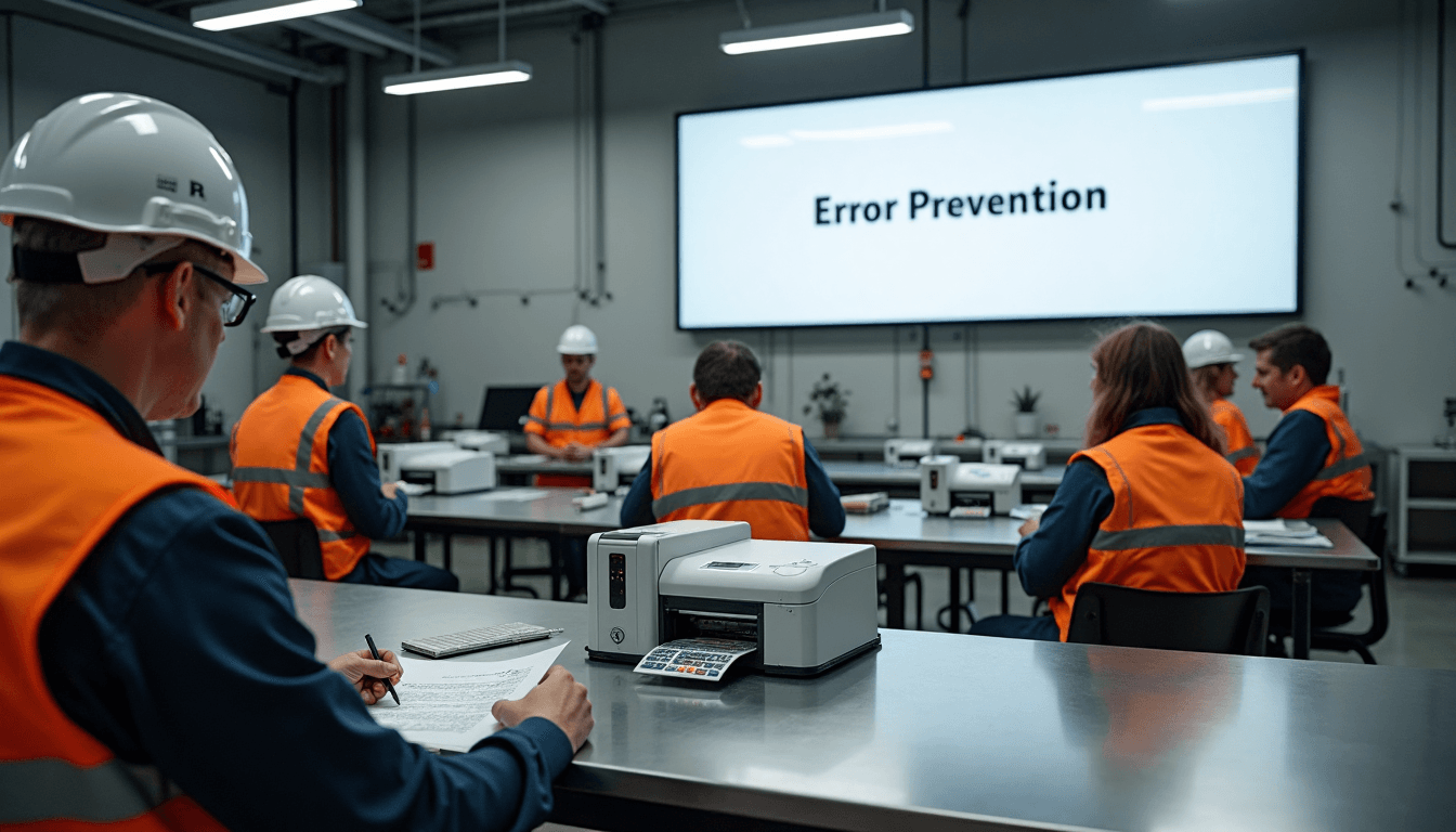 Factory staff in training session on error prevention with labelling equipment