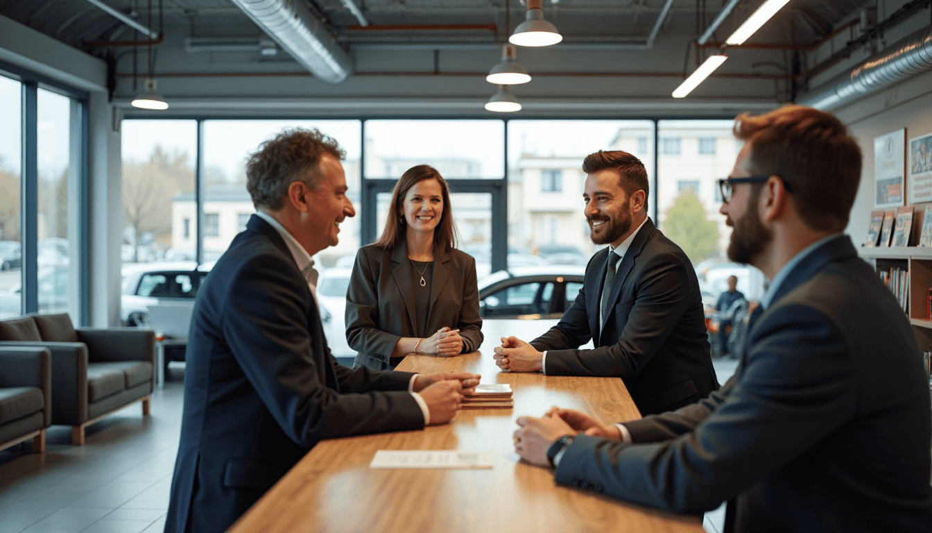 Car repair customers talking to service advisor in daylight garage reception