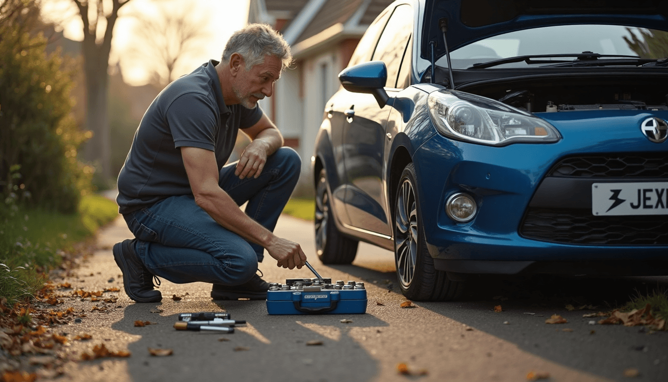 Driver performs DIY car repairs with tools on driveway