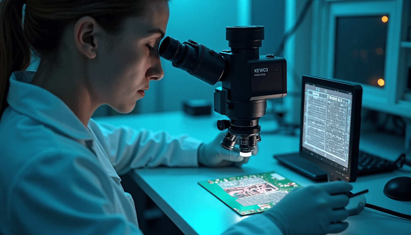 Technician performs crosshatch adhesion test on circuit board.
