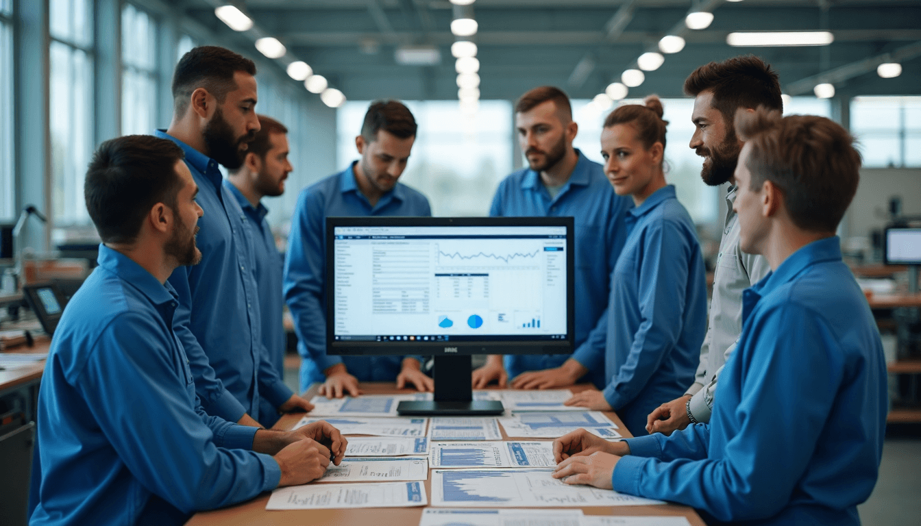Manufacturing team using automated labelling equipment in daylight factory