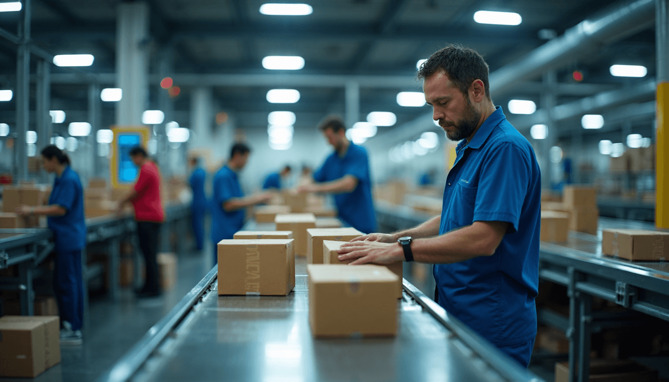 Technician checking labelled products on active production conveyor