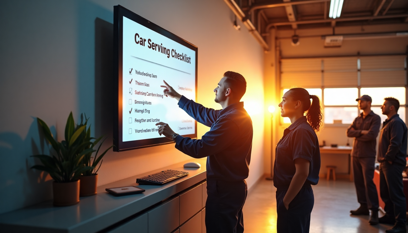 Mechanics and car owner review car servicing checklist on digital screen
