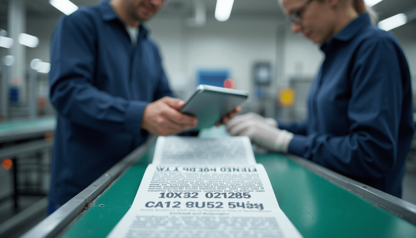 Production workers verify labels on conveyor line