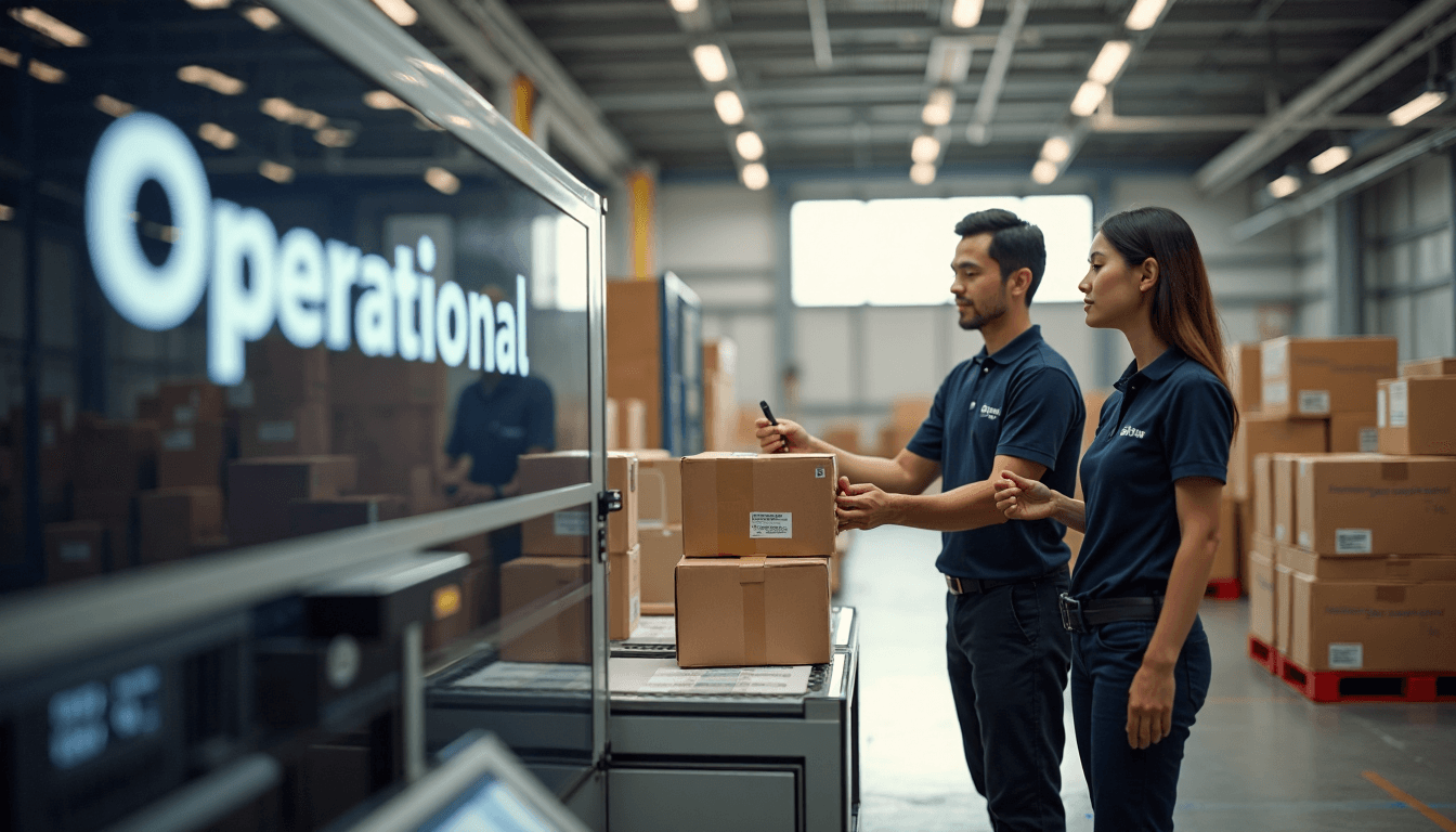 Workers operate automated labelling system in busy warehouse