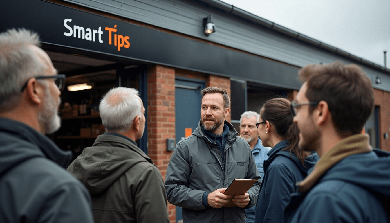 Diverse group with mechanic outside garage 'Smart Tips' sign