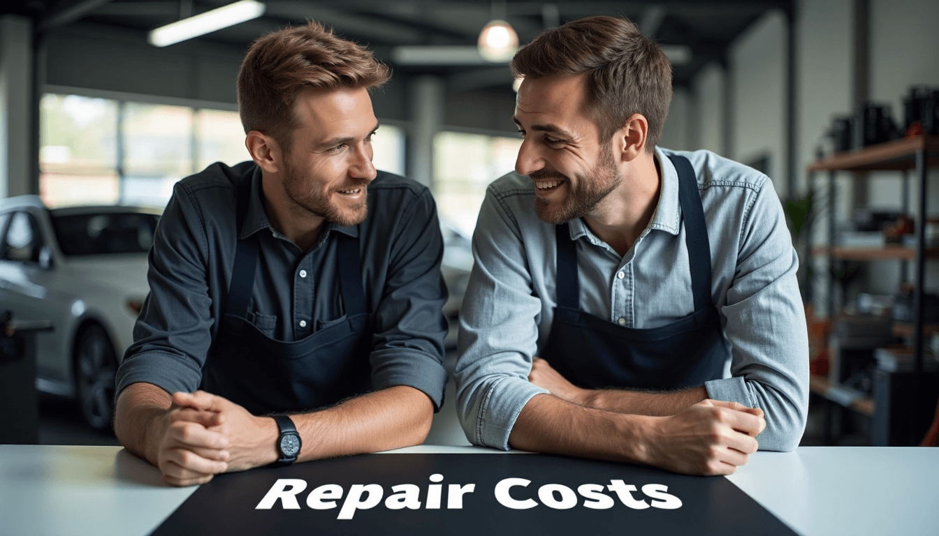 Mechanic and owner review invoice 'Repair Costs' desk mat