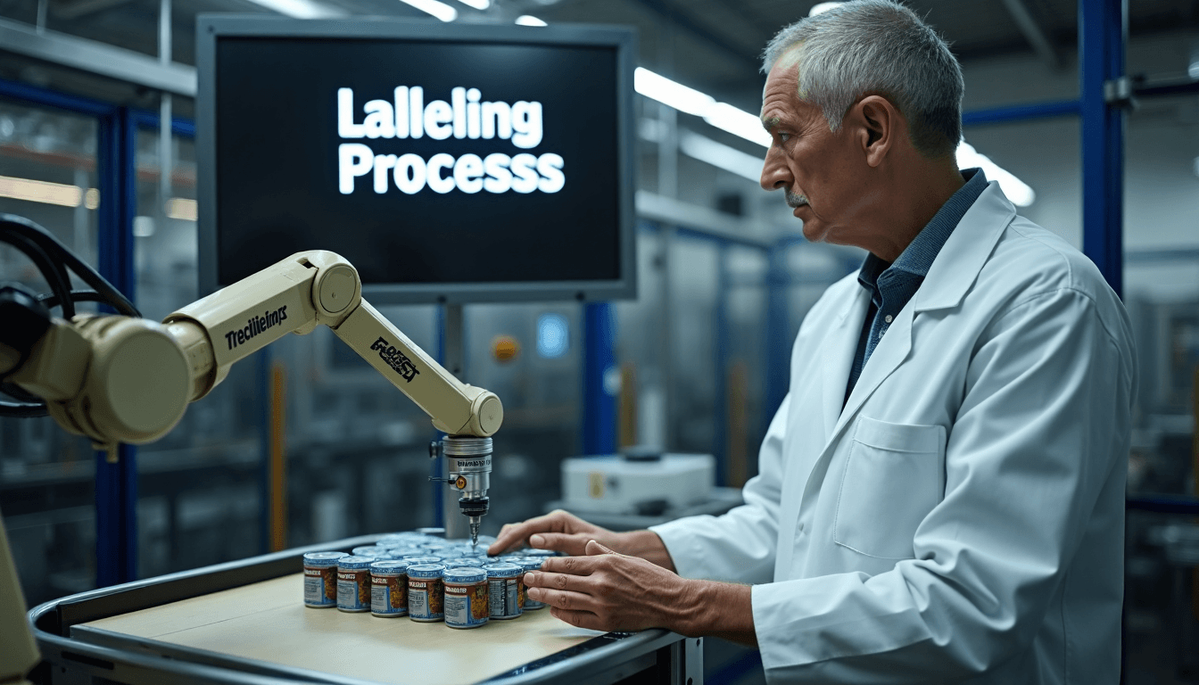 Collaborative robot and technician labelling product in factory
