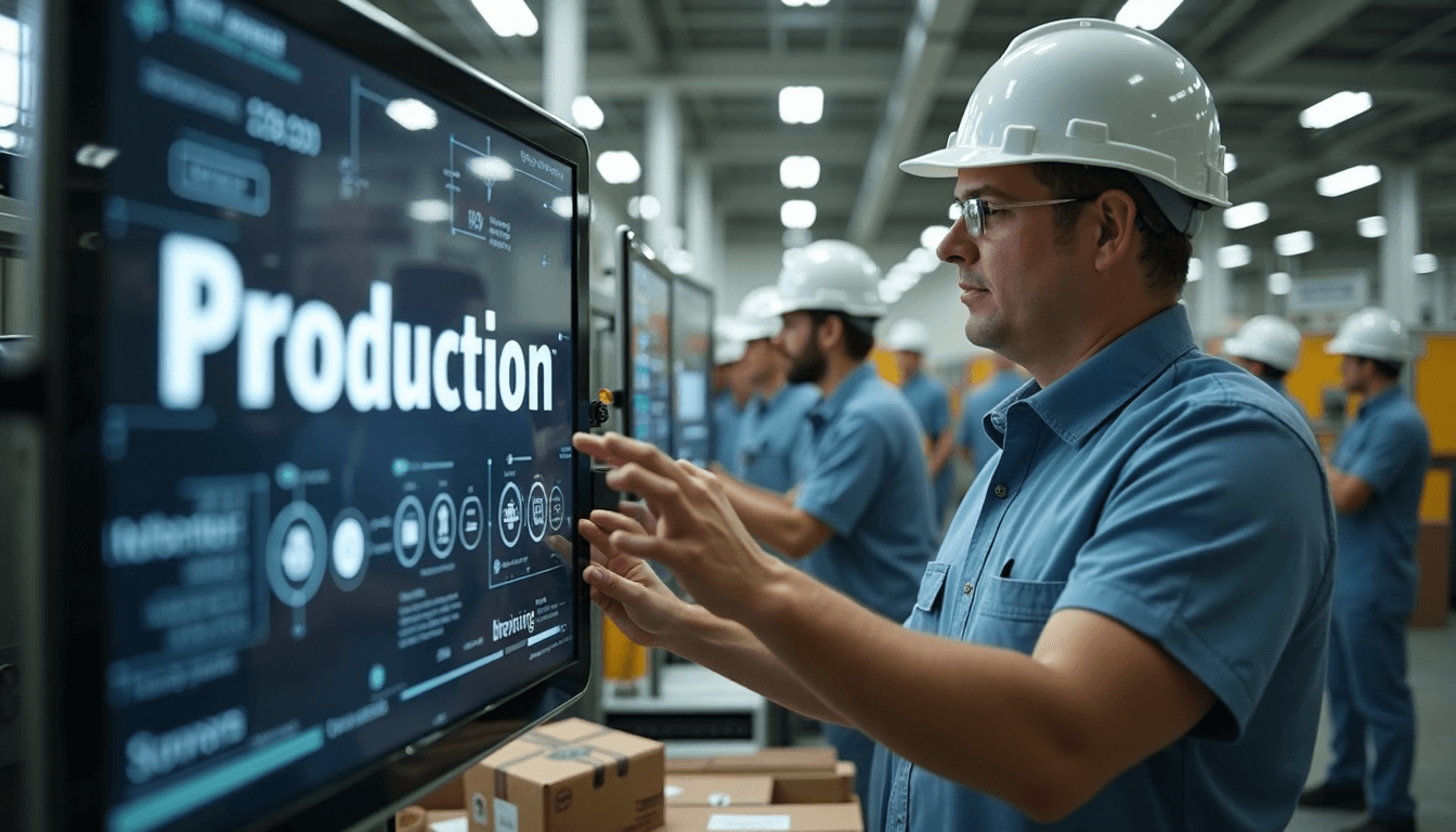 Engineers at automated labelling station in bright factory