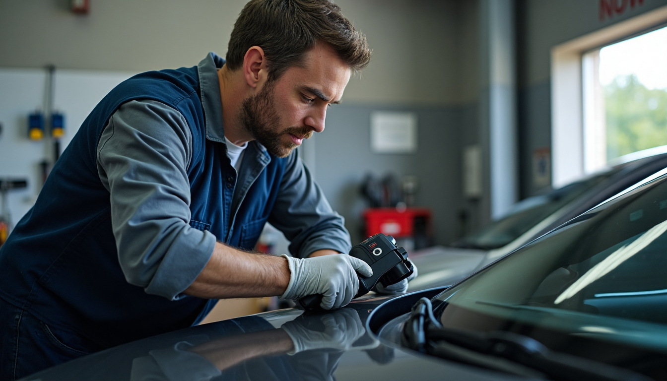 Mechanic inspecting car brakes with safety sign visible in workshop