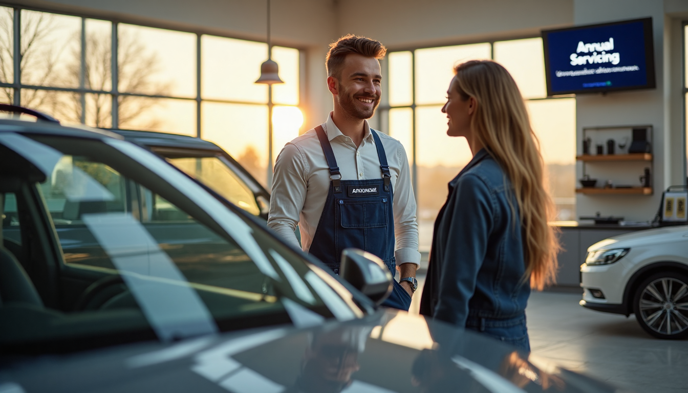 Mechanic and car owner discussing in sunny service centre with digital sign