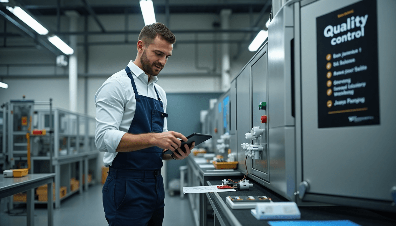 Specialist checks product label with tablet in factory