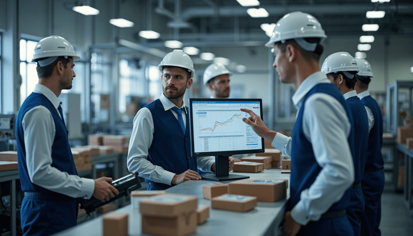 Workers use automated labelling machines in a bright factory