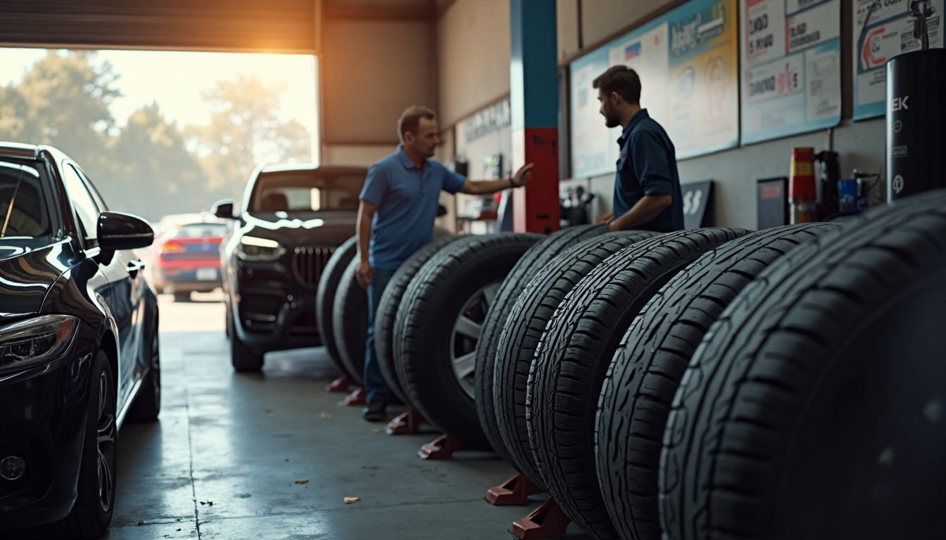 Mechanic and customer reviewing tyre types in a garage