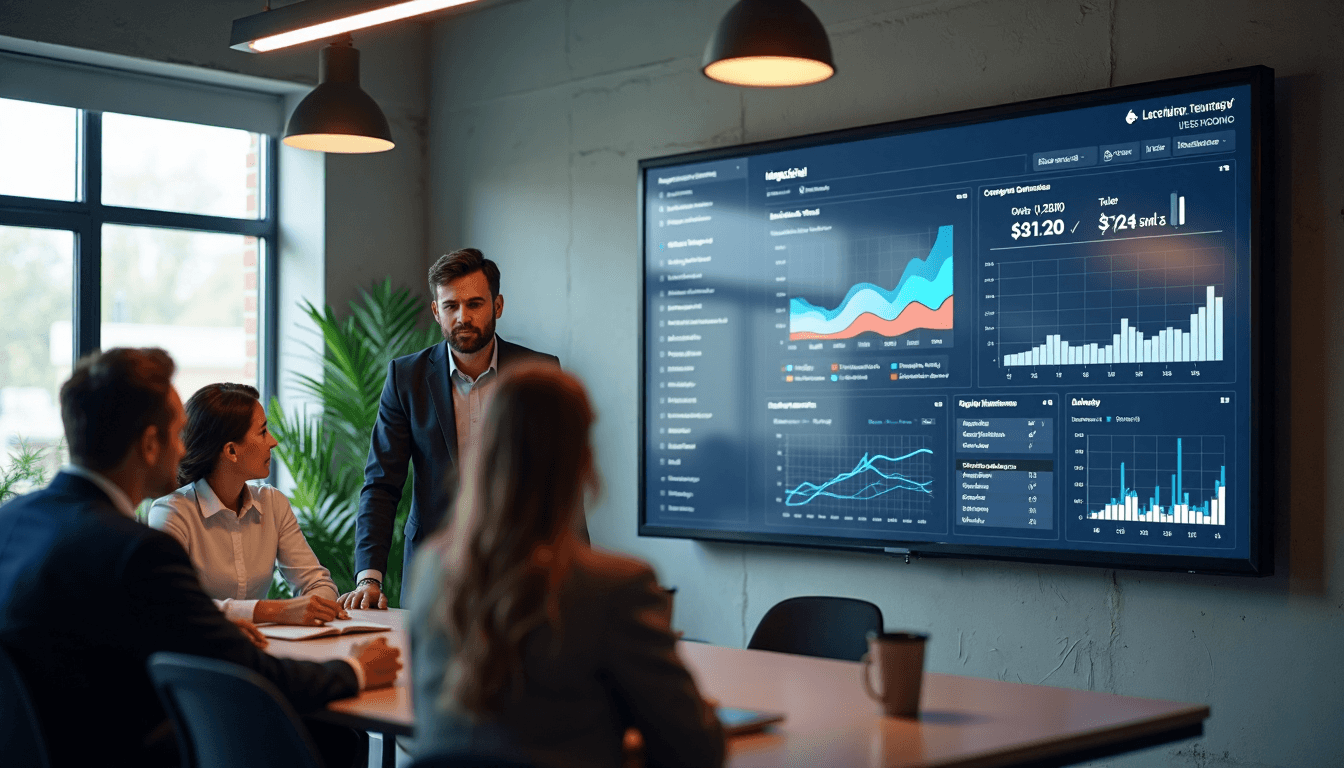 Managers review digital labelling analytics on office screen