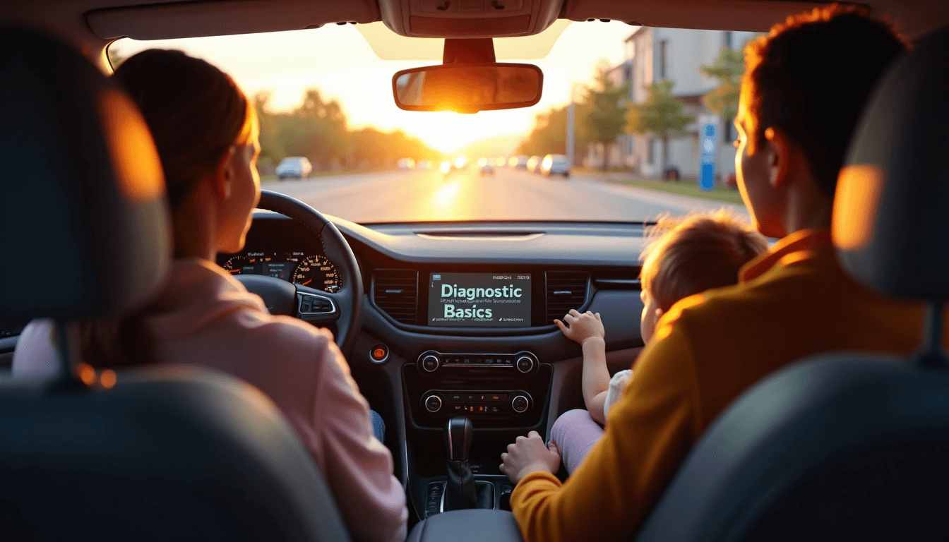 Family in car examining dashboard diagnostics at sunrise